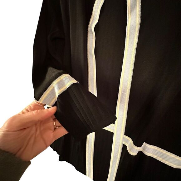 Misook Black Azure Blue Butter Yellow Trim Open Front Long Jacket M Quiet Luxury - Picture 5 of 16